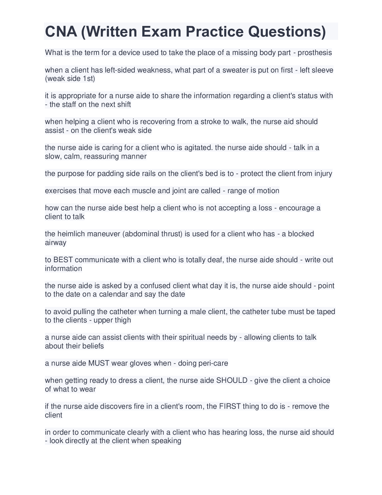 Preview image for CNA (Written Exam Practice Questions)